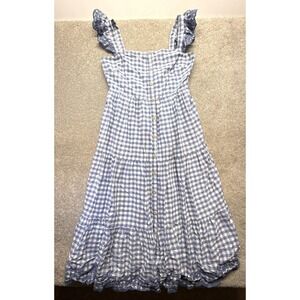 Shabby Chic Blue Gingham Cotton Tiered Midi Dress Ruffle Eyelet Straps Womens 8